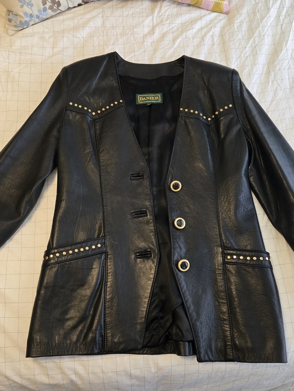 Vintage 90's Danier Black Leather Stud-Trim Long Jacket